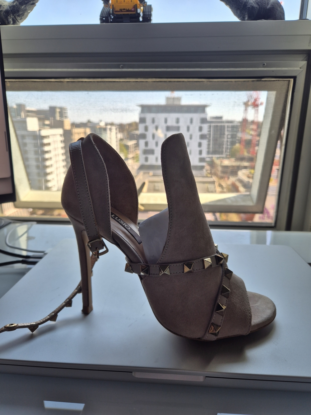 Studded Taupe Suede Women's Sandal - Elegant Open-Toe Heel